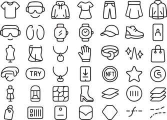 Virtual and Physical Fashion Line Icon Set. NFT, Metaverse, E-commerce, Clothing, and Accessory Vector Outline Icons.
