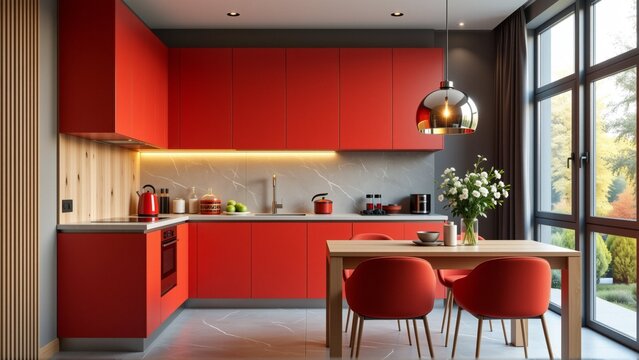 modern kitchen large window right side kitchen has red cabinets white countertop sink gas stove red kettle few kitchen utensils countertop side kitchen wooden cabinet built oven sink above sink two