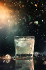 Fototapeta premium Vaso de bebida con hielo y efectos de luz mágica y partículas, Cóctel de celebración con fondo de bokeh brillante y festivo, oncepto de bebida energética o mágica con destellos dorados