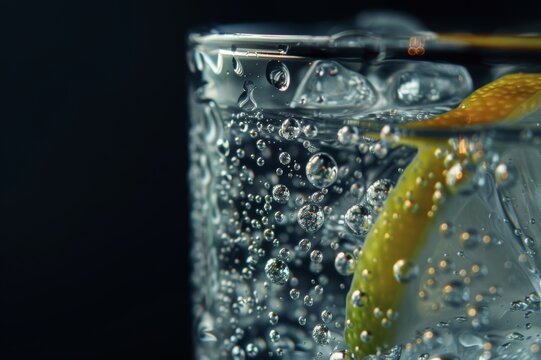 Close-up de t&oacute;nica con lima y cubos de hielo, efervescencia refrescante en vaso, Macro de gin tonic/t&oacute;nica con lima: detalle cristalino de burbujas y hielo