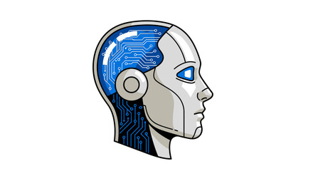 A stylized illustration showcasing the profile of a robotic head with intricate internal circuitry.