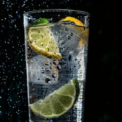 Fototapeta premium Vaso alto de Mojito o Gin Tonic con lima y menta fresca, Bebida refrescante con hielo, rodaja de lima y hierbabuena, Cóctel clásico de verano sobre fondo oscuro con luces bokeh
