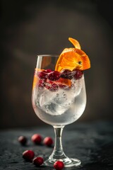 Obraz premium Gin tonic en copa balón con arándanos y rodaja de naranja, fondo oscuro, Mixología elegante: gin tonic con garnish de naranja y arándanos, iluminación de estudio, promoción bartender club
