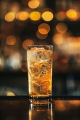 Fototapeta premium Cóctel dorado con hielo en vaso tallado sobre fondo oscuro, Whisky highball con cubitos de hielo y luces bokeh nocturnas, Cocktail premium con whisky y soda en ambiente nocturno