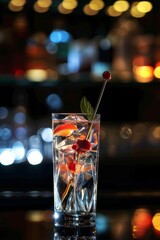 Fototapeta premium Cóctel con frutas rojas en vaso alto sobre fondo bokeh, Gin tonic con cerezas en vaso tallado, Cocktail de verano con frutas rojas y luces desenfocadas