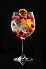 Naklejka premium Gin tonic en copa balón con arándanos y rodaja de naranja, fondo oscuro, Mixología elegante: gin tonic con garnish de naranja y arándanos, iluminación de estudio, promoción bartender club