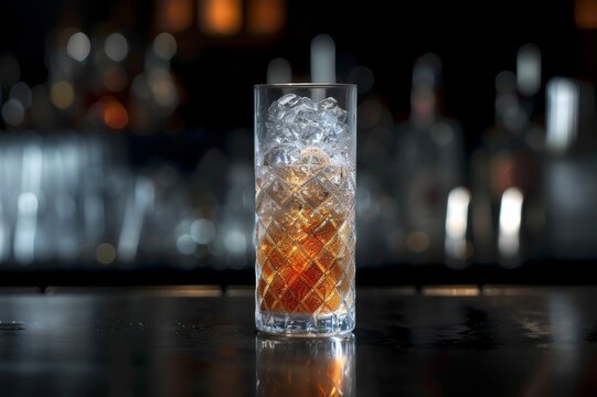C&oacute;ctel dorado con hielo en vaso tallado sobre fondo oscuro, Whisky highball con cubitos de hielo y luces bokeh nocturnas, Cocktail premium con whisky y soda en ambiente nocturno