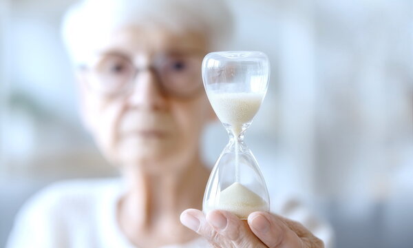 An hourglass in the hand of an elderly woman, symbolizing the fleeting nature of time.