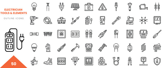 Collection of electrician tools and elements in outline style, showcasing various instruments and symbols.