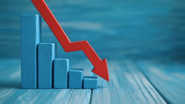 Minimalist blue graph with red arrow pointing down. Business risk, financial decline and money loss. Close-up.