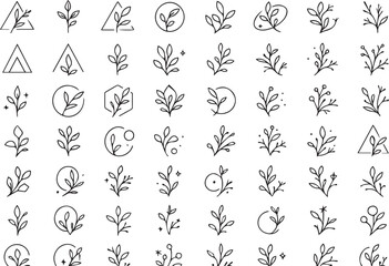 Minimalist Botanical Logo Set. Clean Line Art Leaf and Branch Icons with Geometric Frames. Organic Vector Symbols.