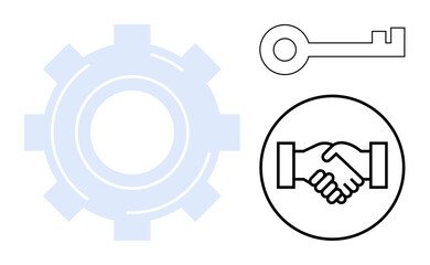 Business collaboration concept. Icons of a gear, key, and handshake partnership, security, and functionality. Collaboration for teamwork, problem-solving, innovation networking and security