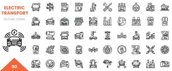 A collection of outline icons representing electric transport concepts and technology.