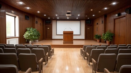 An empty auditorium with a wooden podium and screen set up for a presentation or lecture