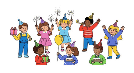 A diverse group of happy children celebrating a birthday party with presents, cakes, and sparklers.