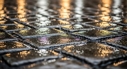 Wet cobblestone street reflecting vibrant city lights at dusk from a low angle
