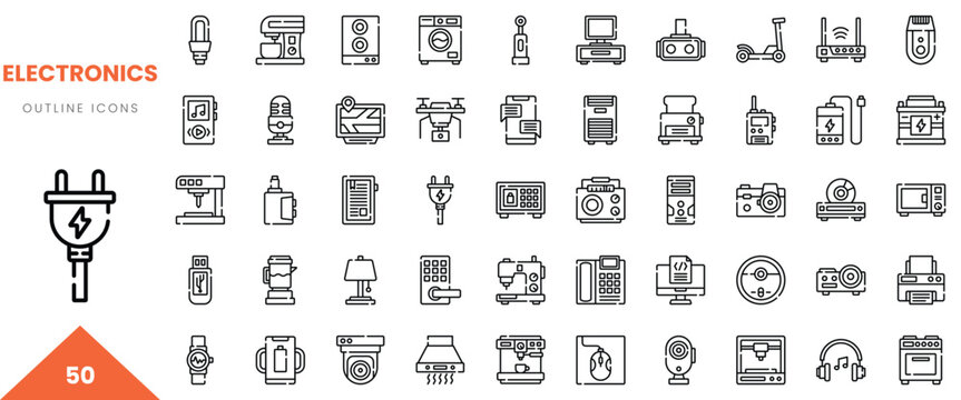 A diverse collection of outline icons representing various electronics and gadgets in black and white.