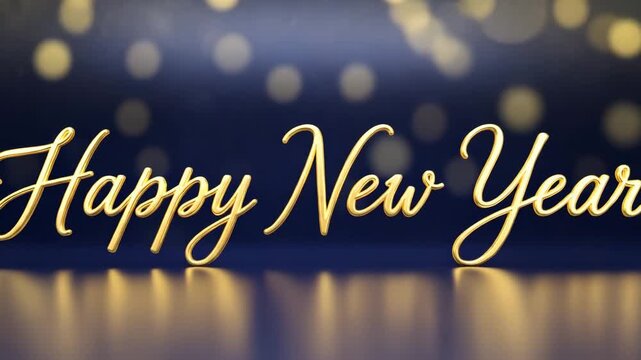 Elegant Golden Happy New Year Script Text with Bokeh Lights and Reflections Festive Celebration
