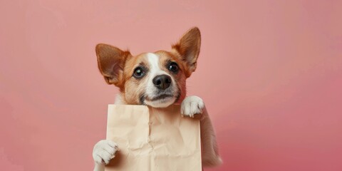Perrito pequeño con mockup bolsa de papel sobre fondo rosa, promoción tienda de mascota, perro feliz con bolsa de papel con espacio para copy