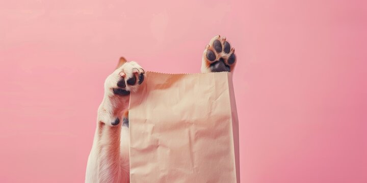 Perrito peque&ntilde;o con mockup bolsa de papel sobre fondo rosa, promoci&oacute;n tienda de mascota, perro feliz con bolsa de papel con espacio para copy