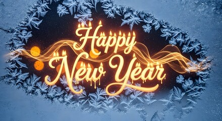 A festive happy new year greeting card with frost and glowing text effect