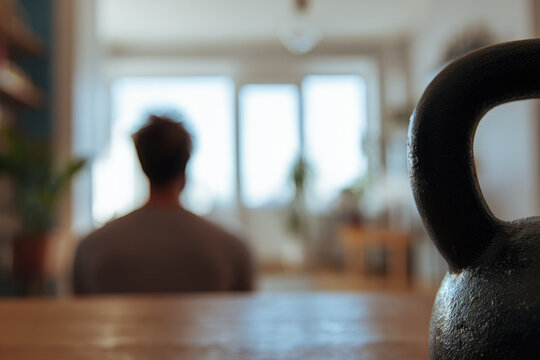 Blurred man kettlebell home soft focus interior exercise fitness strength training relaxation morning light peaceful healthy lifestyle living room motivation wellness workout solitude calm