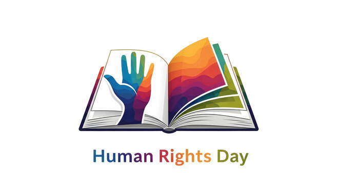 Human Rights Day illustration open book with colorful hand vector design for social justice and equality awareness