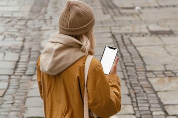 Mockup de smartphone con pantalla en blanco mujer joven, Dispositivo móvil en primer plano con copy space minimalista, mockup aesthetic móvil en las manos