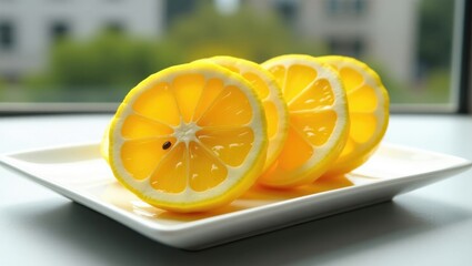 Freshly sliced oranges on a white plate by a window