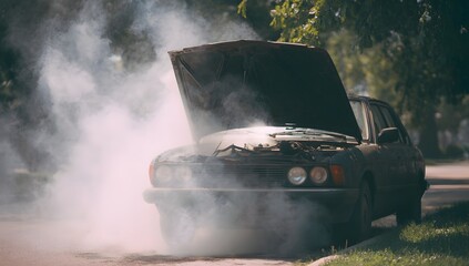 A broken-down car sits on the roadside with its hood open as thick white smoke pours from the engine, surrounded by trees and soft daylight.
