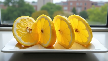 Freshly sliced lemons on a white plate with blurred background