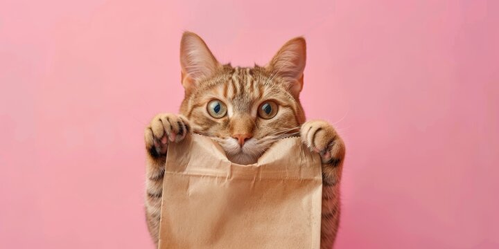 Gato curioso asomado a una bolsa de papel sobre fondo rosa, mockup bolsa comida gatos, promoci&oacute;n tienda de mascotas
