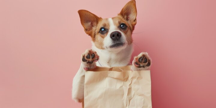 Perrito peque&ntilde;o con mockup bolsa de papel sobre fondo rosa, promoci&oacute;n tienda de mascota, perro feliz con bolsa de papel con espacio para copy