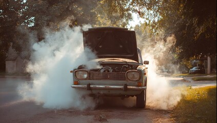 A broken-down car sits on the roadside with its hood open as thick white smoke pours from the engine, surrounded by trees and soft daylight.