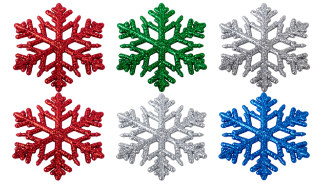 Set of Red, Green, Silver, and Blue Glitter Christmas Snowflakes Isolated