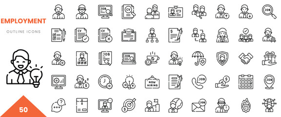 Illustrative icons representing employment concepts, including job search and interview process.