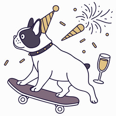 Cute SVG of a Content French Bulldog in New Beginnings colors, featuring riding a skateboard in a New Year's Eve/Day setting