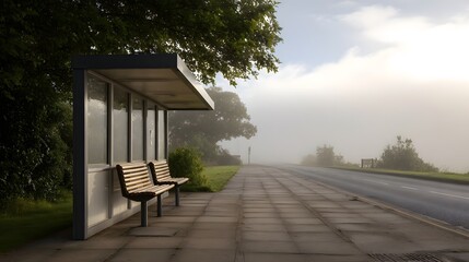 Misty morning at a deserted bus stop with empty benches beside a fog covered road