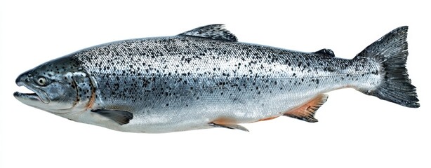 The Salmon on White Background Displaying Silver Scales and Fresh Whole Seafood