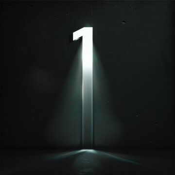 N&uacute;mero 1 iluminado con rayo de luz &mdash; fondo minimalista oscuro, Concepto de liderazgo y primer lugar: 1 brillante en ambiente futurista, l&iacute;nea luminosa en forma de 1 con espacio para texto