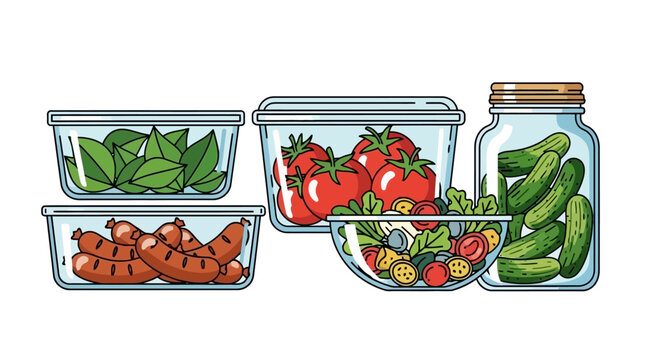 Vector illustration of fresh food and meal prep ingredients stored in various glass containers and a jar.