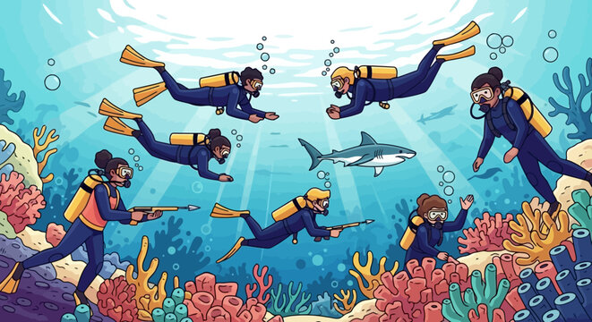 Divers swimming underwater with a shark, surrounded by coral reefs and marine life.