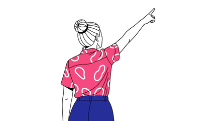 Woman in a pink shirt with white spots pointing her right arm upwards.