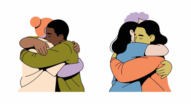 Two diverse pairs of people embracing each other in warm, supportive hugs, depicted in a flat illustration style.