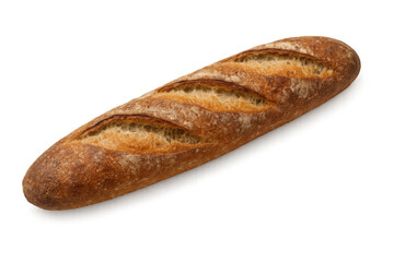 Freshly baked artisan baguette showing golden crust bread loaf for food and bakery concepts on transparent background