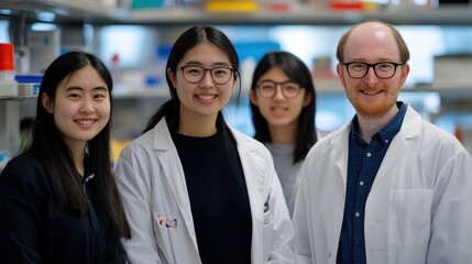 Diverse Team in Laboratory Setting Smiling Together