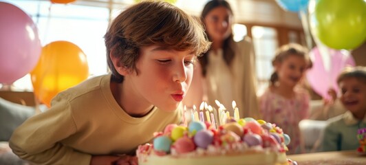The boy blowing out candles on a colorful birthday cake surrounded by smiling friends