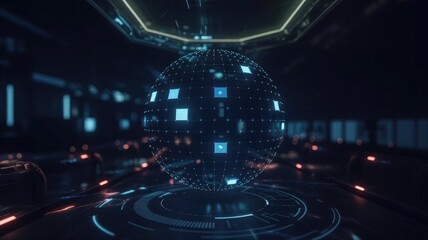 Dynamic digital sphere glows in dark futuristic cyberspace environment