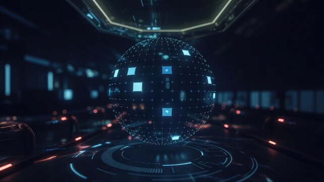 Dynamic digital sphere glows in dark futuristic cyberspace environment