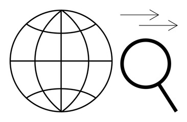 Obraz premium Globe with latitude and longitude lines, magnifying glass, arrows indicating movement. Ideal for research, discovery, navigation, internet, globalization data analysis education. Simple flat